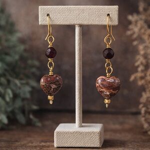 Handmade Leopard Jasper Heart Earrings Garnet Brass Artisan